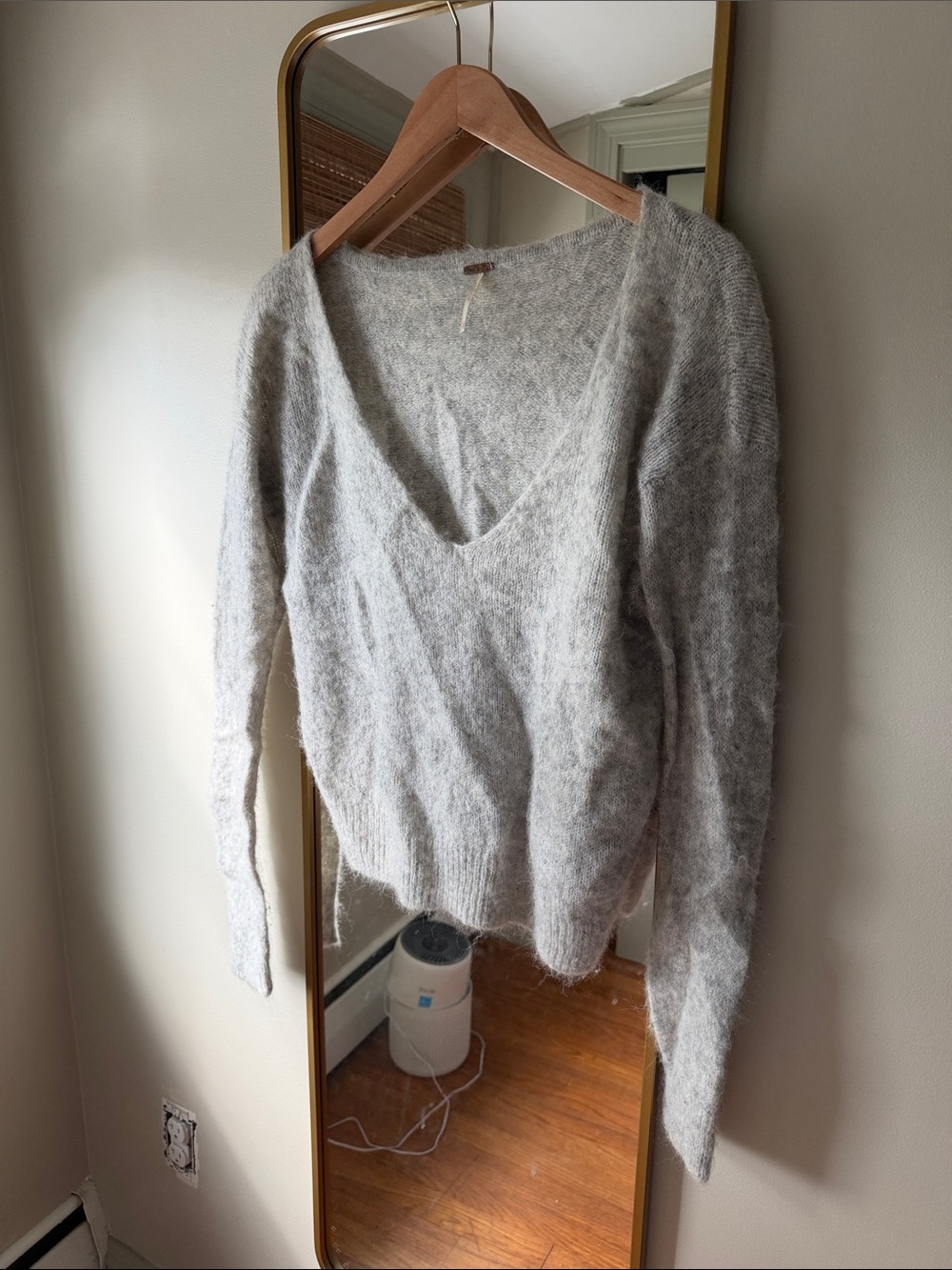 Free People Light Gray V-Neck Fuzzy Knit Sweater
